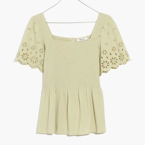 madewell eyelet sleeve lucie smocked peplum top sage seagrass green - Picture 1 of 6